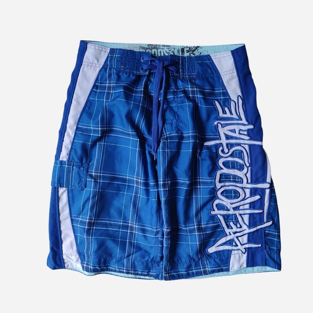 Y2K Aeropostale blue plaid swim trunks with white stripes and white 'AEROPOSTALE